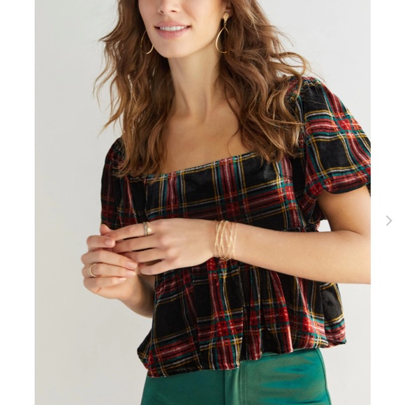 Francesca's Collections Black Red Green Plaid Tie-Back Peplum Blouse - Picture 2 of 5